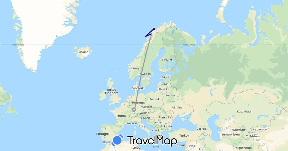 TravelMap itinerary: driving, plane in Switzerland, Norway (Europe)